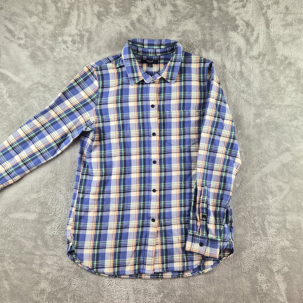 Madewell Flannel Shirt Women Medium Blue Green Plaid Button Front Classic Preppy